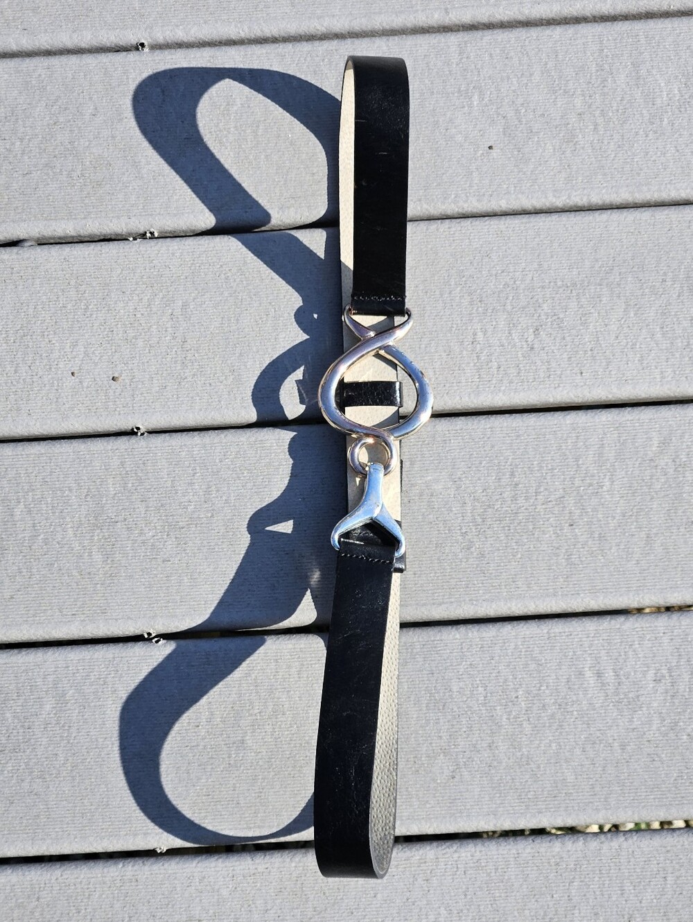 Chico's Black Leather Belt M/L Interlocking Silver Buckle Clasp Boho Cinch 79984